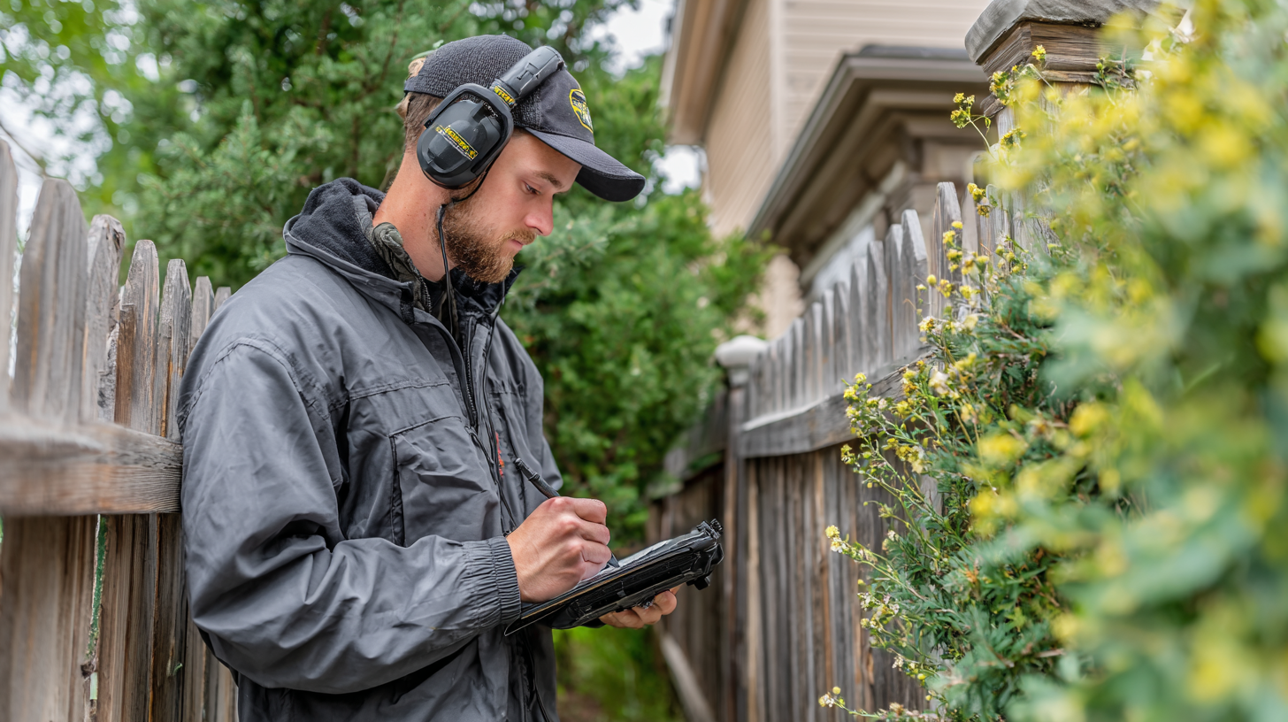 Technician assessing outdoor noise near a backyard fence